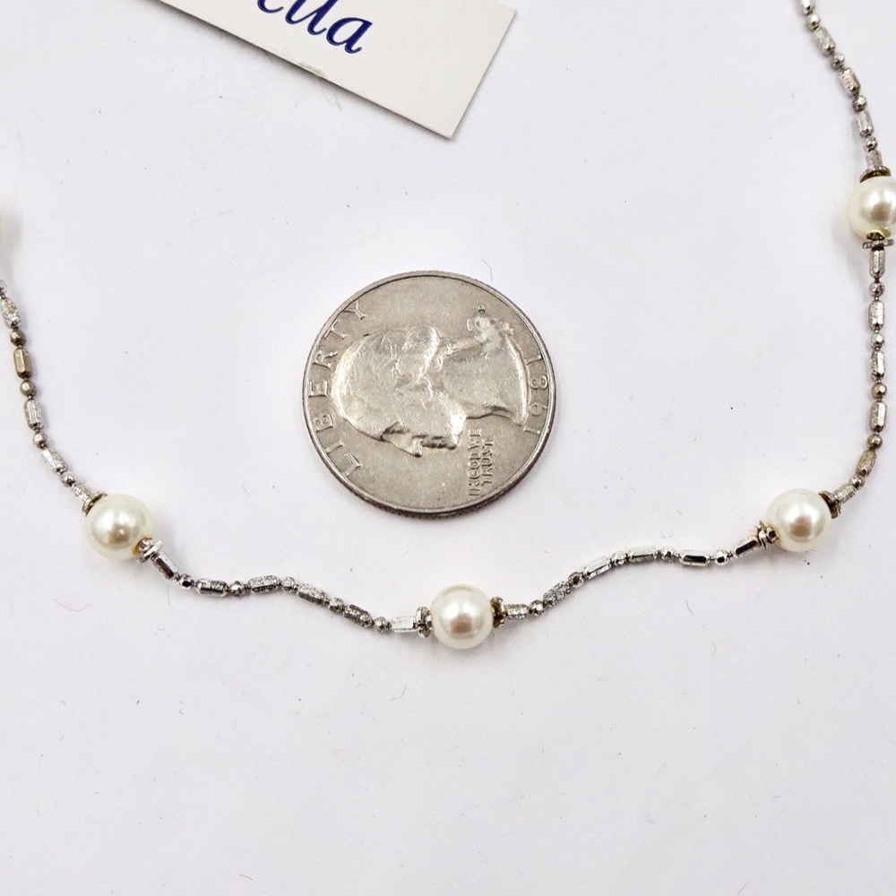 MARVELLA Silver Faux Pearl Station Necklace 18 1/2" Long NWT - Picture 4 of 5